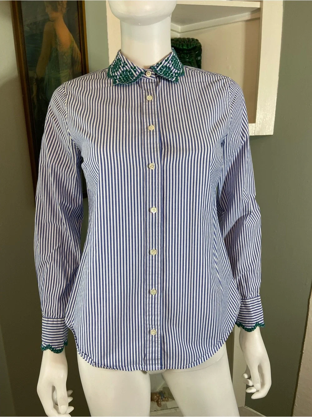 J. Crew Perfect Eyelet Embroidered Trim Striped Shirt Botton Down Blouse poplin - Picture 2 of 10